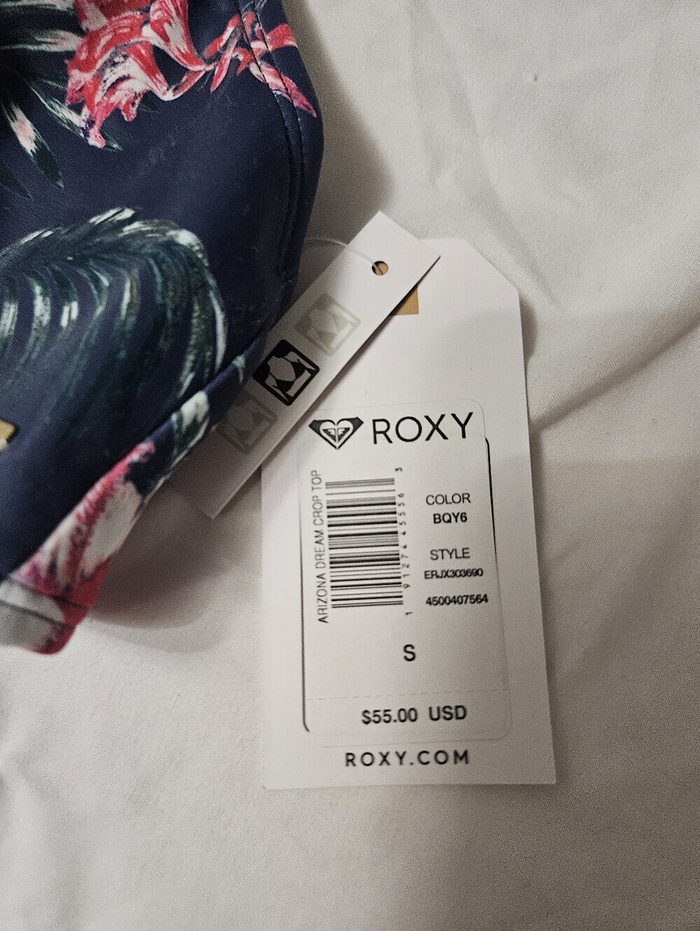 Roxy New Blue Floral Arizona Dream High Neck Crochet Trim Bikini Top Size Small! - Picture 2 of 5